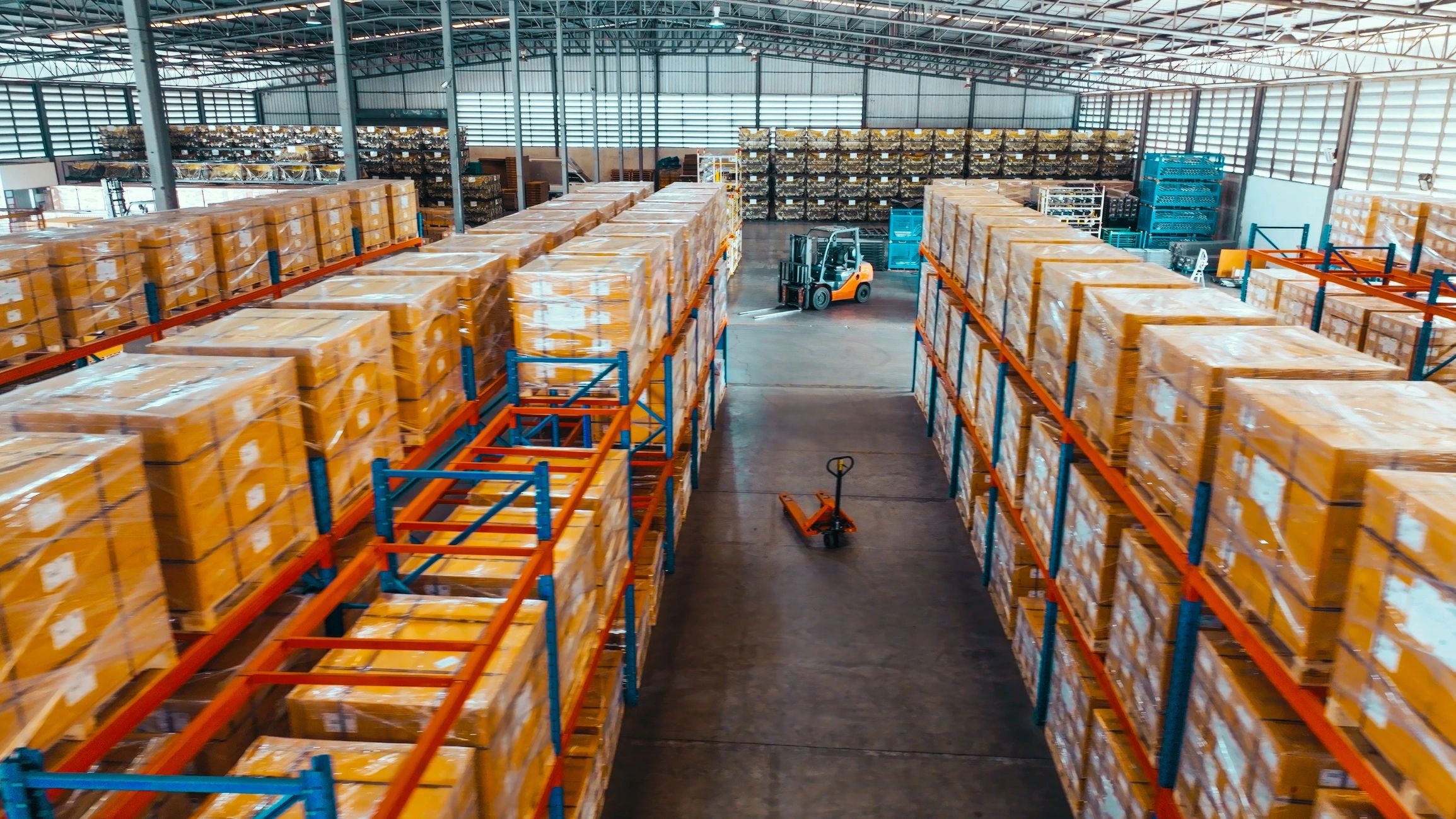 Warehouse shelving with packaged inventory