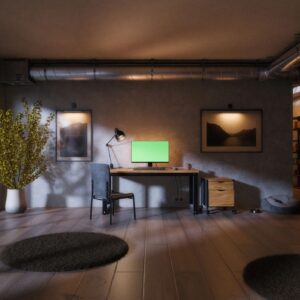 Modern minimalist workspace with natural light and elegant design elements with green screen monitor