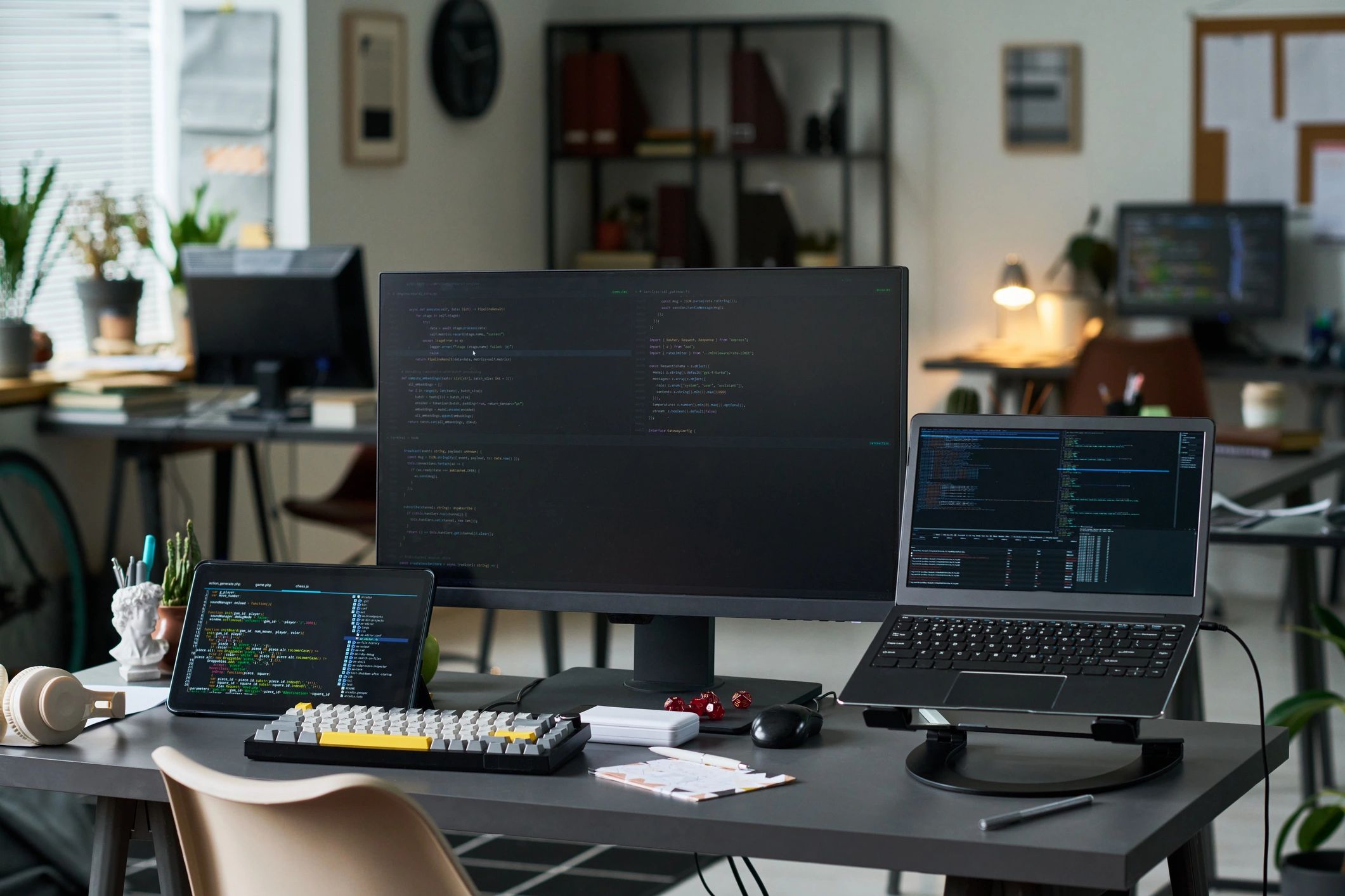 Developer workstation with desktop monitor and laptop in a modern office